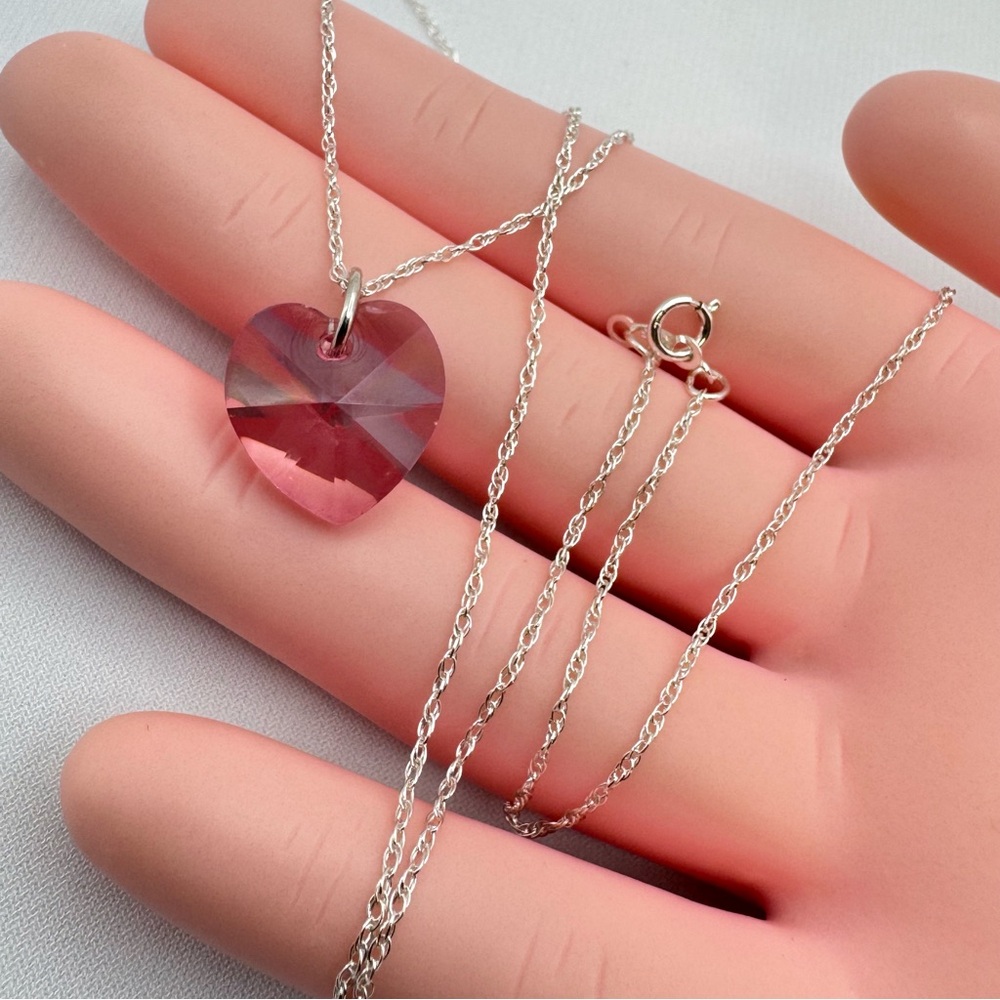 Sterling Silver Swarovski Pink Crystal Heart Pendant Necklace 18”